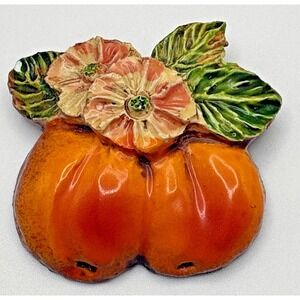 Vintage West Germany Brooch Peaches Fruit Hand Painted Orange Flowers READ